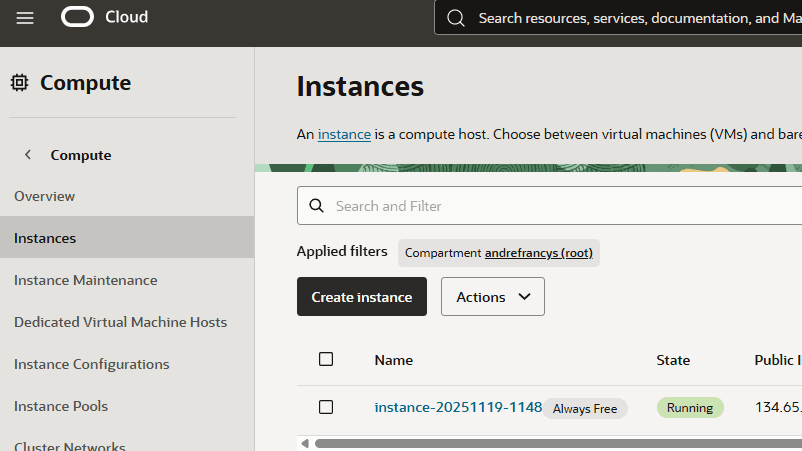 Oracle Cloud - Painel de Instâncias